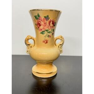 Vtg~1950s~Spaulding China Ceramic Vase~Handpainted~Roses~Gold Guilded Trim Vase